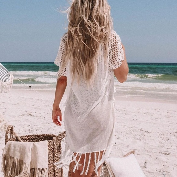 Ivory Crochet Fringe Lace Up Beach Swim Coverup - Picture 3 of 3